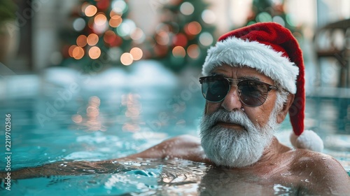 Senior Man Relaxing in Swimming Pool with Santa Hat