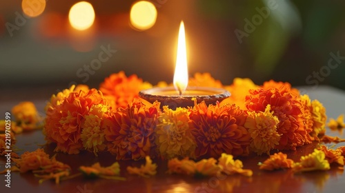Diwali Candle Surrounded by Marigold Flowers