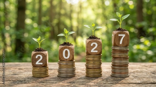 Sustainable Financial Growth Concept for Year 2027 with Green Plants Growing on Stacks of Coins in a Forest