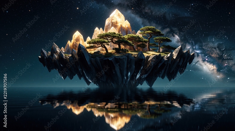 Fototapeta premium Surreal floating island with glowing crystal mountains, pine trees in space. Magic landscape features bright peaks above calm dark water. Starry night sky with milky way galaxy background creates