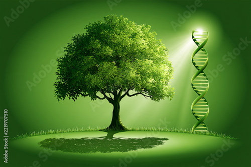 Gene Activated Tree of Life  Conceptual Bioengineering Illustration, Microscopic DNA Structure, Sunlight Beam, Genetic Evolution, Green Biotechnology, Scientific Aesthetic