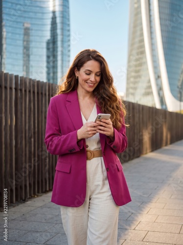 Smiling Woman in Pink Blazer Using Smartphone Outdoors in Modern City.