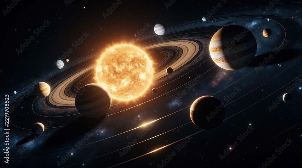 Fototapeta premium Solar system with bright sun, planets orbiting in deep space. Colorful planets move along circular paths around central star. Cosmic background shows galaxy nebula, stars. Educational science