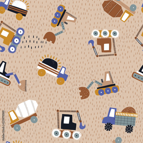 Cute cartoon cars and construction machines seamless pattern. Vector transport and city street beige background for nursery wallpaper, kids clothing, fabric print.