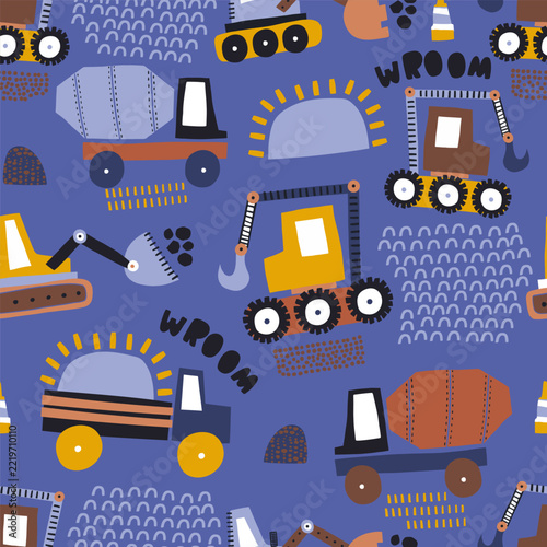 Cute cartoon cars and construction machines seamless pattern. Vector transport and city street background for nursery wallpaper, kids clothing, fabric print.