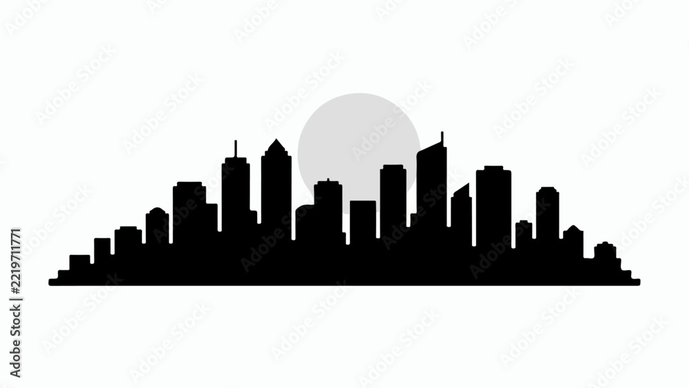 Fototapeta premium Black silhouette skyline of a modern city with a sun behind the buildings vector illustration for urban concepts and design