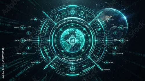 Abstract glowing digital Earth globe with AI artificial intelligence HUD network ring.