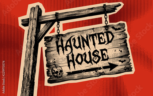 Haunted House Wooden Sign Hanging on Post Vintage Halloween Illustration