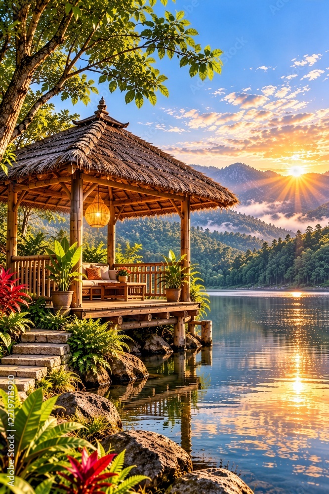 Obraz premium Rustic Thatched Wooden Gazebo Beside a Peaceful Mountain Lake