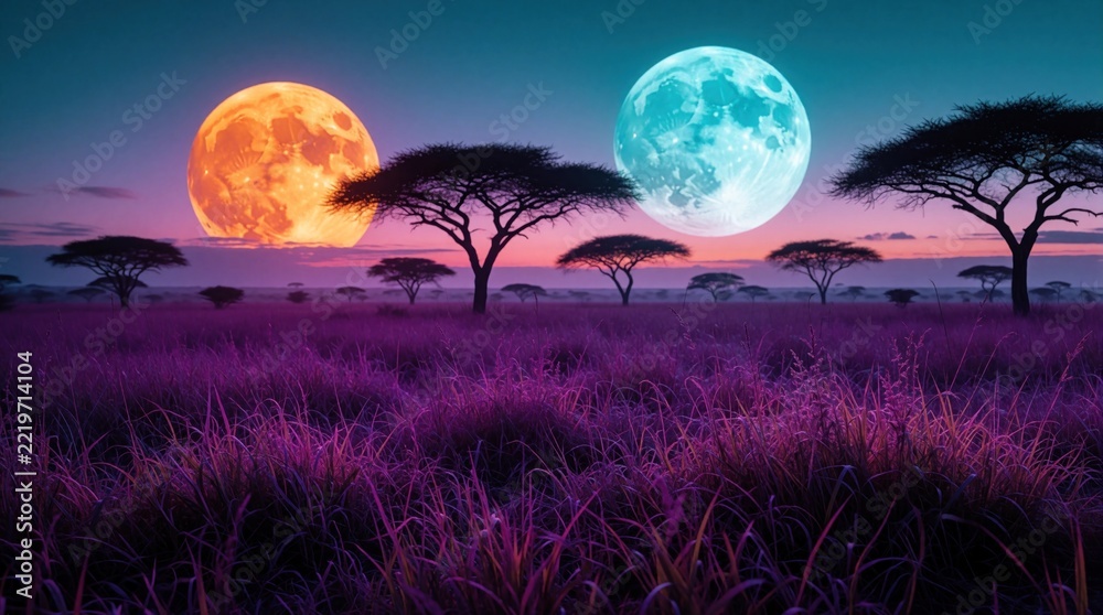 Fototapeta premium Fantasy landscape at dusk with two large moons in sky. Orange, blue celestial bodies hang over savanna field. Silhouetted acacia trees stand in purple grass under twilight sky. Dreamy surreal nature