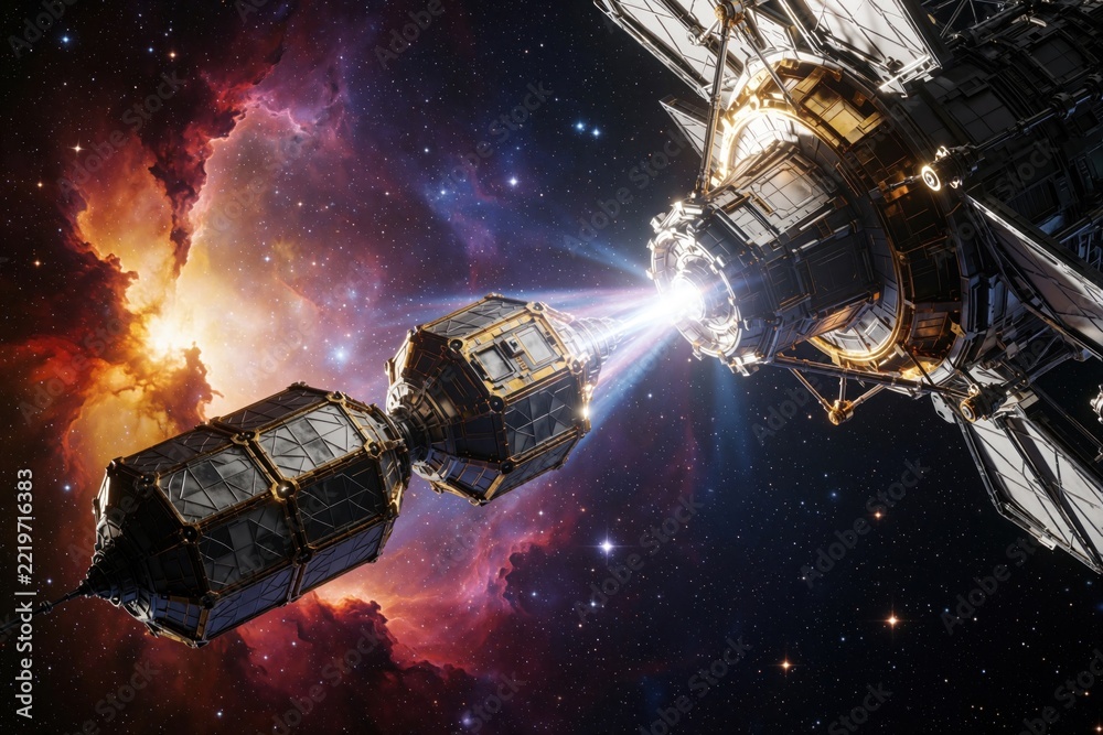 Fototapeta premium Futuristic modular probe connects to space telescope via bright light beam. Advanced satellite technology explores deep cosmos near colorful nebula. Robotic spacecraft performs data transfer repair