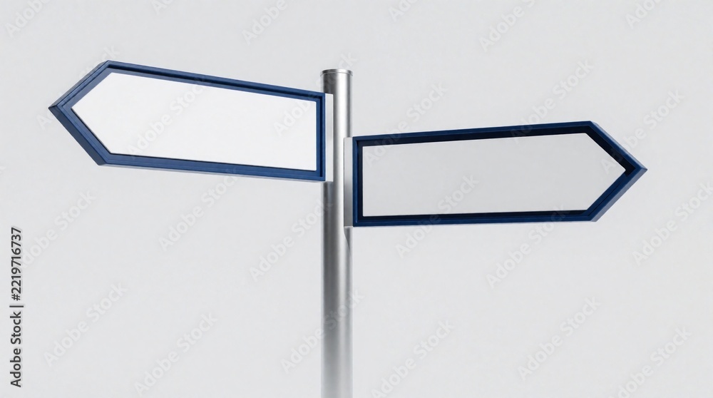 Fototapeta premium Empty blue, white directional signpost with two arrows on silver metal pole. Blank street sign stands against light grey background. Minimalist wayfinding pointer provides space for text, navigation