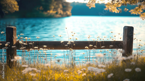 White Wildflowers and Wooden Fence Beside a Peaceful Blue Lake in Golden Light