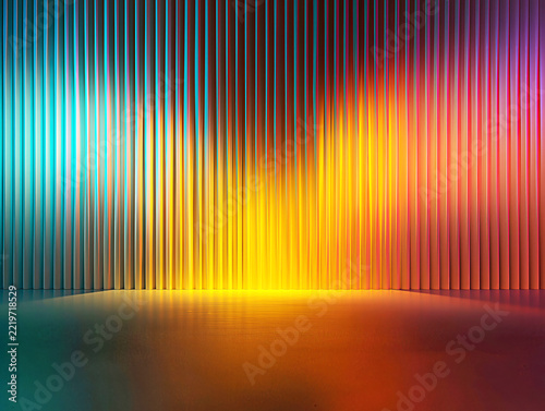 Colorful Reflective Metal Wall with Vibrant Lighting 