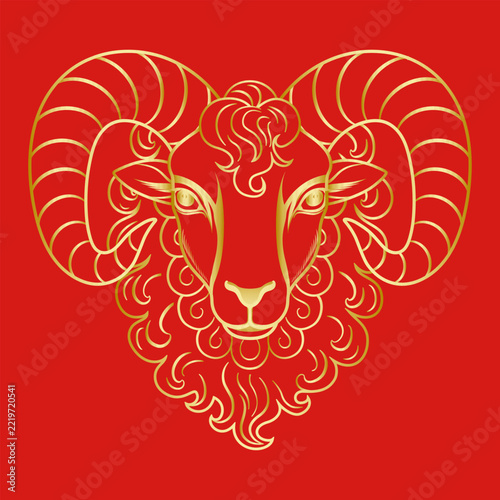 Vector illustration of a ram's head with gold outlines.
