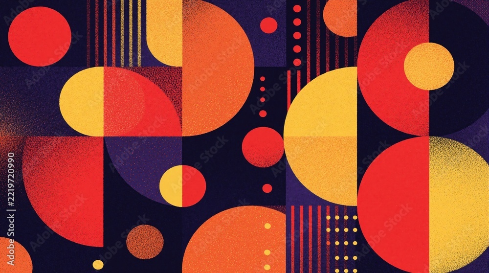 Fototapeta premium Abstract geometric art with red, yellow circles on dark blue background. Modern graphic design features textured shapes, dots, stripes. Vibrant colorful pattern creates contemporary minimal style for