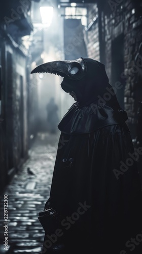 A silhouetted figure in plague doctor costume stands ominously in a misty, dimly lit cobblestone alley, evoking a mood of historical intrigue and eerie suspense