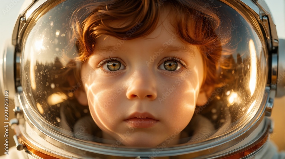 Fototapeta premium Close up portrait of young boy wearing futuristic space helmet. Little astronaut looks forward with curious eyes through glass visor. Kid dreams about space travel, cosmic adventure in sci fi