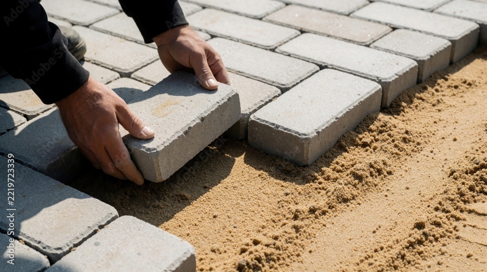 Fototapeta premium Worker hands lay grey paving stones on sand base. Construction man installs stone pathway for garden sidewalk. Close up of manual labor job during outdoor building project. Skilled craftsman creates