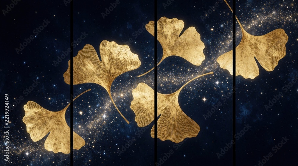 Fototapeta premium Golden ginkgo leaves float across starry night sky. Shining gold foliage moves through deep blue space with twinkling stars. Elegant botanical art background features celestial galaxy pattern. Dreamy