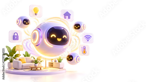 AI-generated 3D soft puffy bubble style illustration of friendly floating smart home assistant spheres