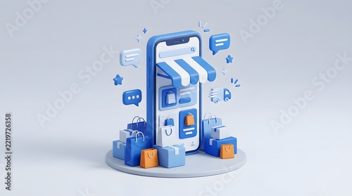 Smartphone displays a vibrant 3D interface for an online store featuring shopping bags and delivery boxes.