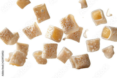 Uncooked Tubetti Rigatti pasta pieces isolated on white background for product catalog, ecommerce, advertising and commercial design projects