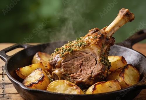 Juicy roasted lamb leg with crispy potatoes in a black cast iron skillet on wooden table