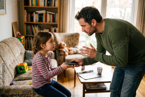 Father disciplining daughter taking away mobile phone