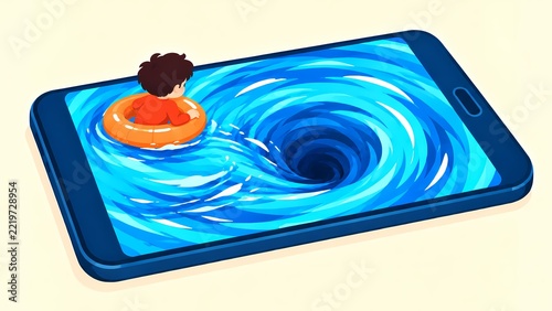 Boy with swim ring sucked into smartphone water whirlpool screen addiction concept