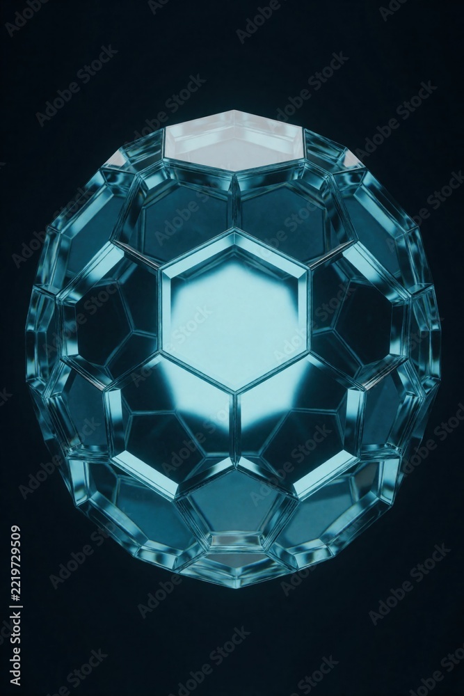 Fototapeta premium Futuristic blue geometric sphere with glowing polygon surface. Transparent glass ball shows faceted honeycomb pattern in dark space. Digital tech concept with 3D fractal design, neon light effects,