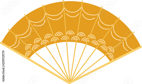 Obraz na plátně Golden folding hand fan displaying a traditional semicircular wave design