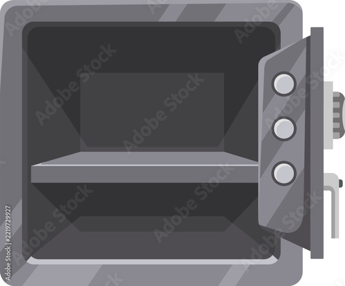 Metal safe box with opened door, revealing an empty interior and shelf