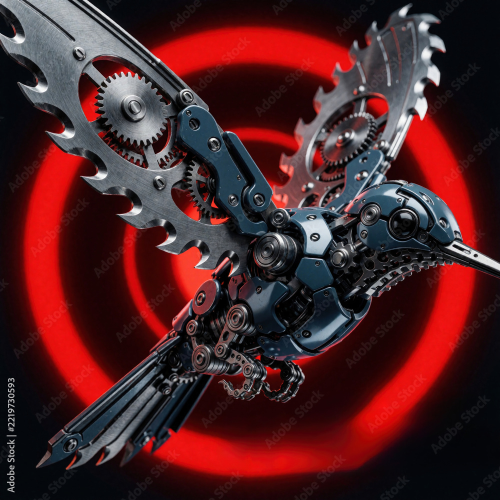 Naklejka premium Mechanical hummingbird flies against red target background. Robotic bird metal saw blade wings, gear parts. Futuristic machine creature with sharp steel teeth, industrial engine design. Cybernetic