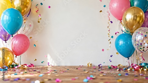 Colorful Balloons and Confetti Framing a Bright Wall with Copy Space