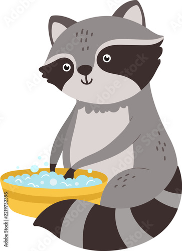 Raccoon character washing paws in a sudsy yellow bowl, representing cleanliness and hygiene