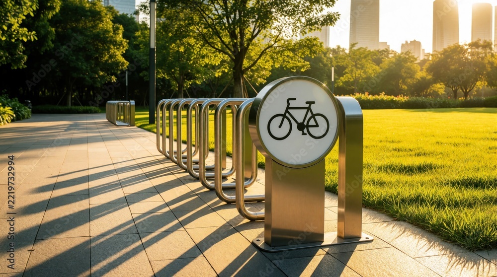 Fototapeta premium Modern metal bicycle rack stands on stone walkway in sunny urban park. Green grass, city skyscrapers in background. Sustainable transport infrastructure for eco friendly city life, healthy commute in