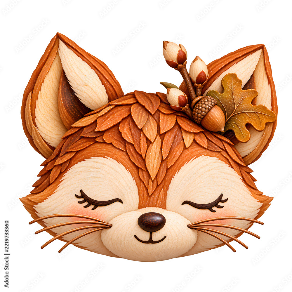 Fototapeta premium Niedlicher schlafender Fuchs mit geschlossenen Augen, umgeben von Eichel, Eichenblatt und herbstlichen Zweigen. Liebevolle Herbstillustration in warmen Orangetönen auf weißem Hintergrund.