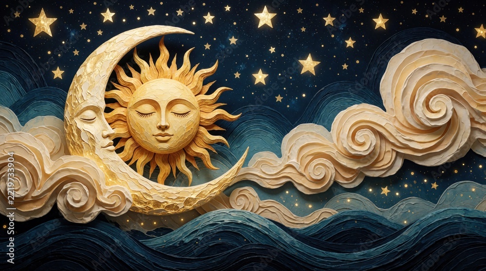 Fototapeta premium Abstract boho celestial illustration with sun face, crescent moon. Golden sun, moon shine among stars, fluffy clouds. Stylized blue waves below dreamy night sky. Whimsical fantasy art for spiritual