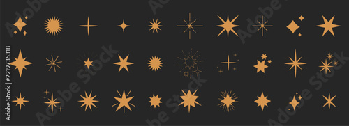Celestial boho set sun, moon, stars and clouds minimal golden line. Geometric abstract design elements gold magic, and spiritual designs for decoration.