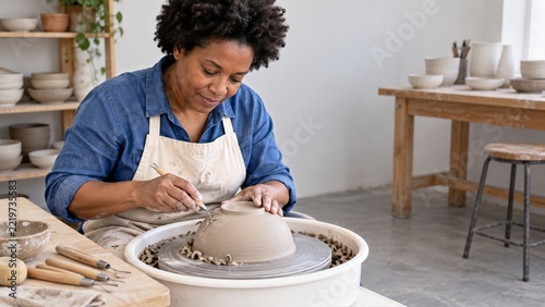 Woman trimming an inverted clay bowl on a wheel in a bright pottery studio