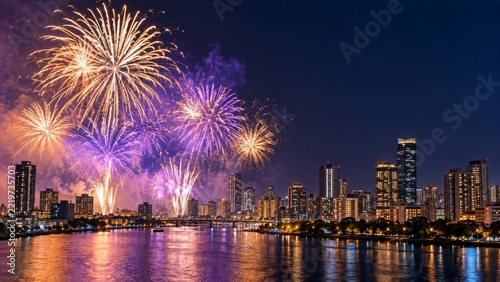 Golden and Violet New Year Fireworks above a Riverside City Skyline