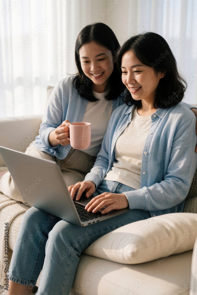 Fototapeta premium Two young Asian women sit together on cozy sofa. Lesbian couple uses laptop for remote work browsing web at home. One partner holds pink mug enjoy relaxing weekend in bright modern apartment