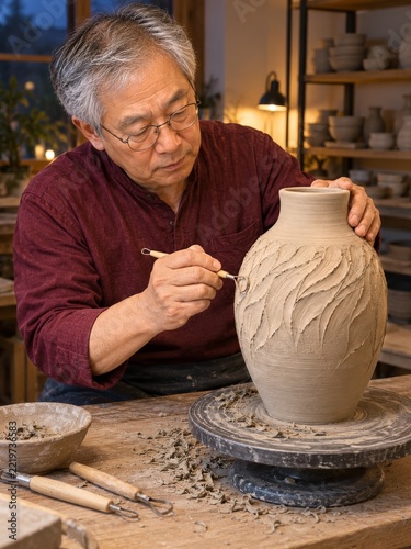 Older ceramic artisan carving flowing texture into a large clay vase
