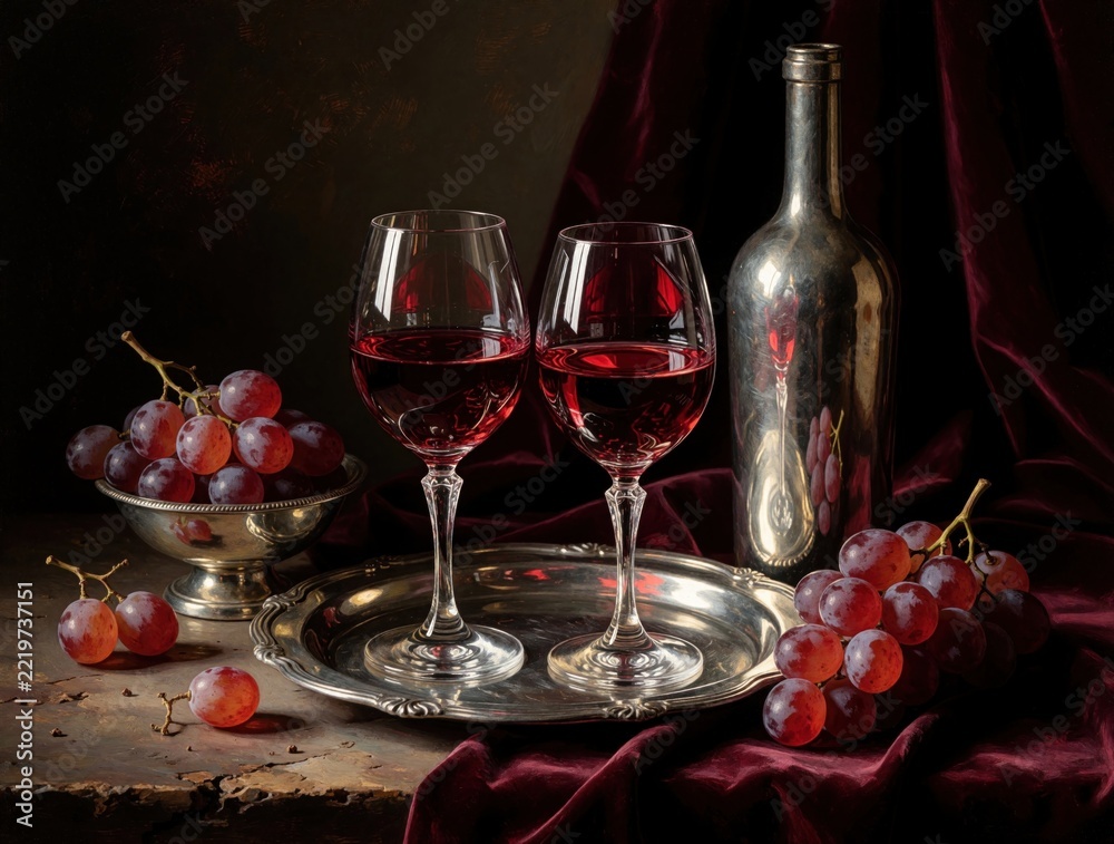 Fototapeta premium Red wine in two glasses on silver tray. Metal bottle, fresh grapes on dark red velvet cloth. Elegant wine tasting setup in rustic cellar winery. Still life with alcohol, grapes, luxury tableware for