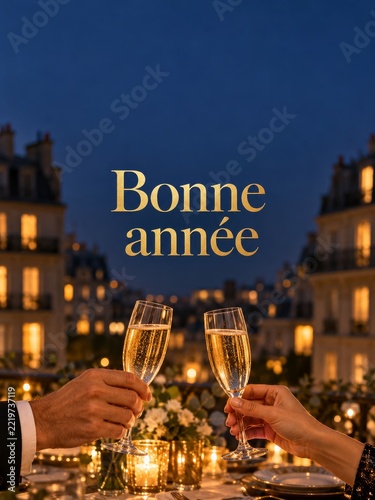 French New Year greeting with champagne flutes and warm evening lights