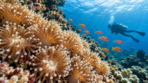 Detailed Coral Polyps on a Reef with Fish and a Background Diver