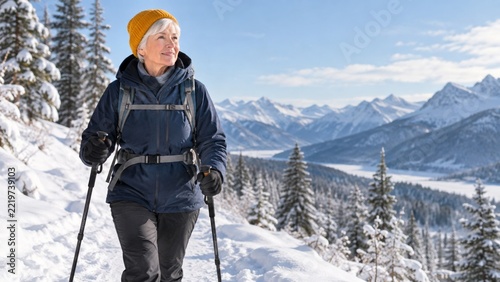Senior Woman Hiking a Snowy Mountain Trail with Poles and Backpack