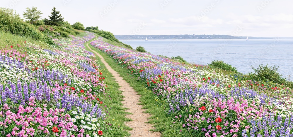 Fototapeta premium Blooming meadow flowers frame a seaside trail, leading the eye toward calm water beneath an overcast sky.