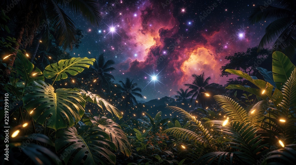 Fototapeta premium Magical night scene with glowing fireflies in rich tropical jungle. Vibrant starry sky with colorful nebula, galaxy clouds above exotic plants. Fantasy forest landscape with bright sparkles, deep